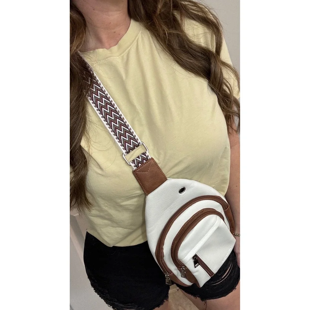 Women's Crossbody Purse White Brown Vegan Leather Bag Chevron Guitar Strap